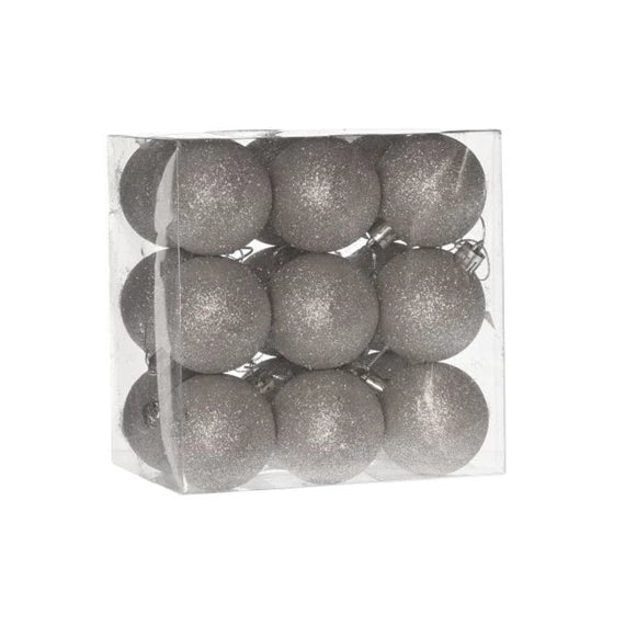 Karácsonyfagömb dobozban, glitteres 5 cm (18 db-os szett) – ezüst, glitteres, műanyag