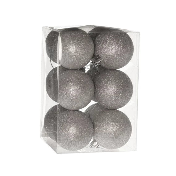 Karácsonyfagömb dobozban, glitteres 6 cm (12 db-os szett) – ezüst, glitteres, műanyag