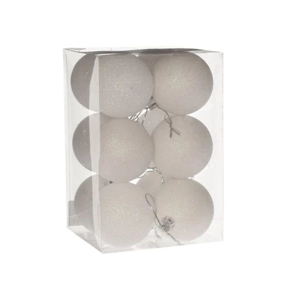 Karácsonyfagömb dobozban, glitteres 6 cm (12 db-os szett) – fehér, glitteres, műanyag