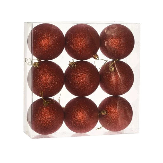 Karácsonyfagömb dobozban, glitteres 8 cm (9 db-os szett) – piros, glitteres, műanyag