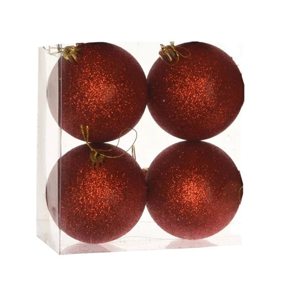 Karácsonyfagömb dobozban, glitteres 10 cm (4 db-os szett) – piros, glitteres, műanyag