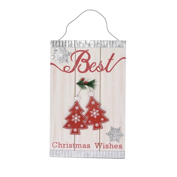 Karácsonyfadísz – akasztós dísz "Best Christmas Wishes" felirattal, fenyőfával 20x2x33 cm – fehér, piros
