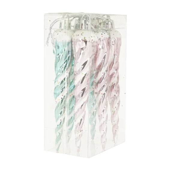 Karácsonyfadísz – jégcsap akasztós, glitteres 7,3x4,8x12,8 cm (6 db-os szett) – rózsaszín, kék, műanyag