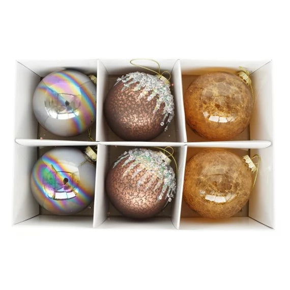 Karácsonyfagömb irizáló, glitter dekorral, márvány hatású, akasztós 8 cm (6 db-os szett) – barna, bronz, üveg