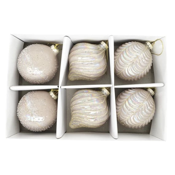 Karácsonyfagömb dombor mintával, hagyma alakú, irizáló, akasztós 8 cm (6 db-os szett) – pezsgő, üveg