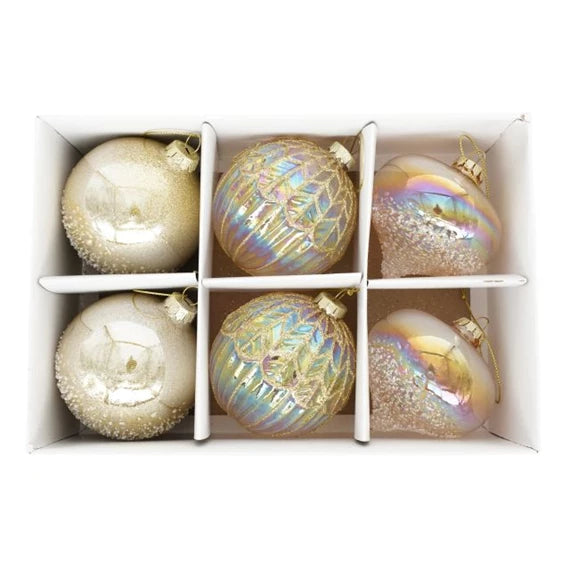 Karácsonyfagömb glitter dekorral, dombor mintával, hagyma alakú, akasztós 8 cm (6 db-os szett) – pezsgő, üveg