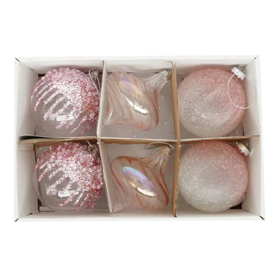 Karácsonyfagömb, hagyma, glitter dekorral, akasztós 8 cm (6 db-os szett) – púder, üveg