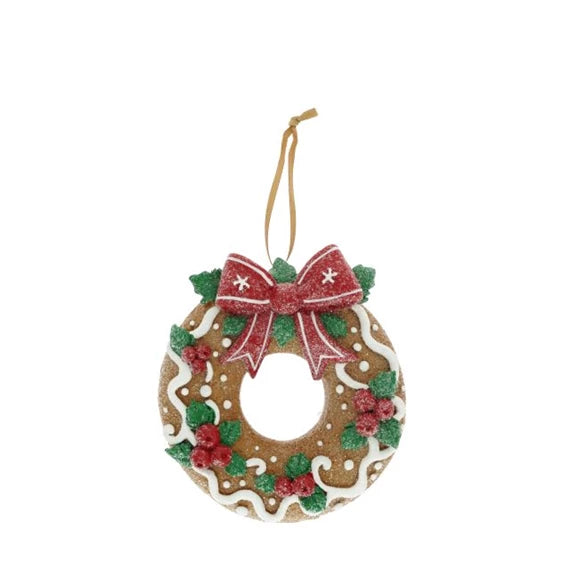 Karácsonyfadísz – mézeskalács koszorú glitteres, akasztós 10,5x3x11 cm – barna, piros, poly