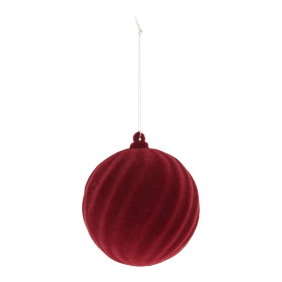Karácsonyfagömb csavart, flokkolt, akasztós 8 cm – bordó, műanyag