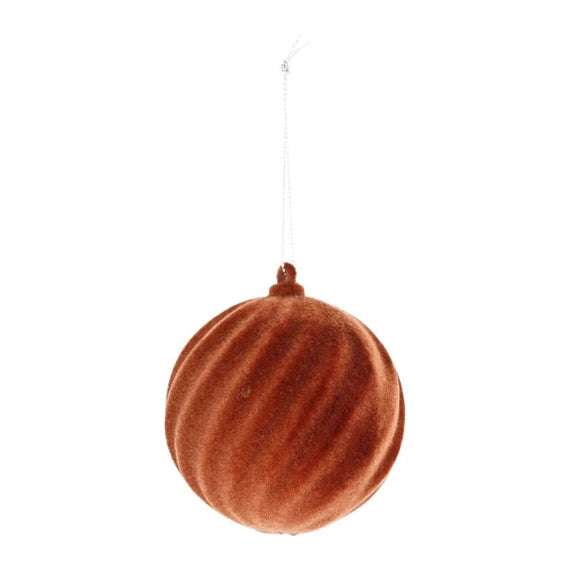 Karácsonyfagömb csavart, flokkolt, akasztós 8 cm – barna, műanyag