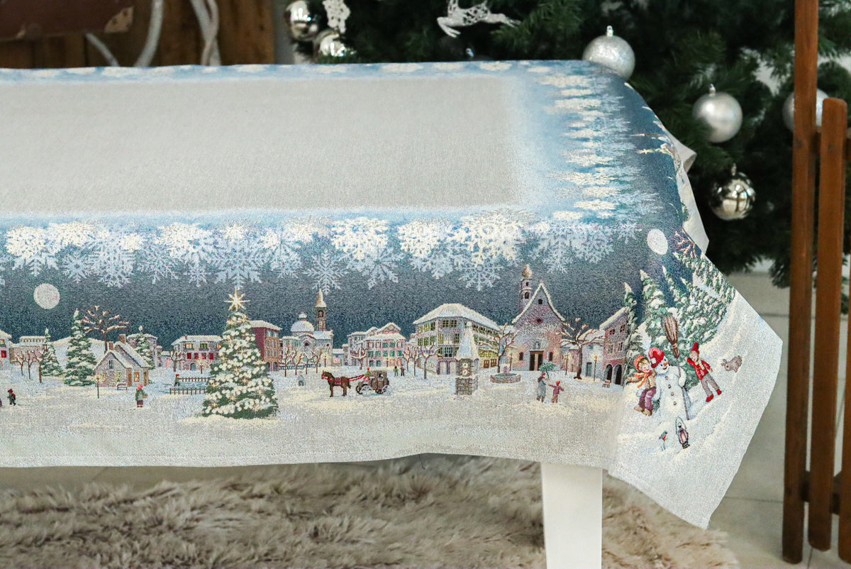 Karácsonyi asztalterítő – Frosty karácsonyi hóemberes minta, 137×240 cm, gobelin, ezüst lurex