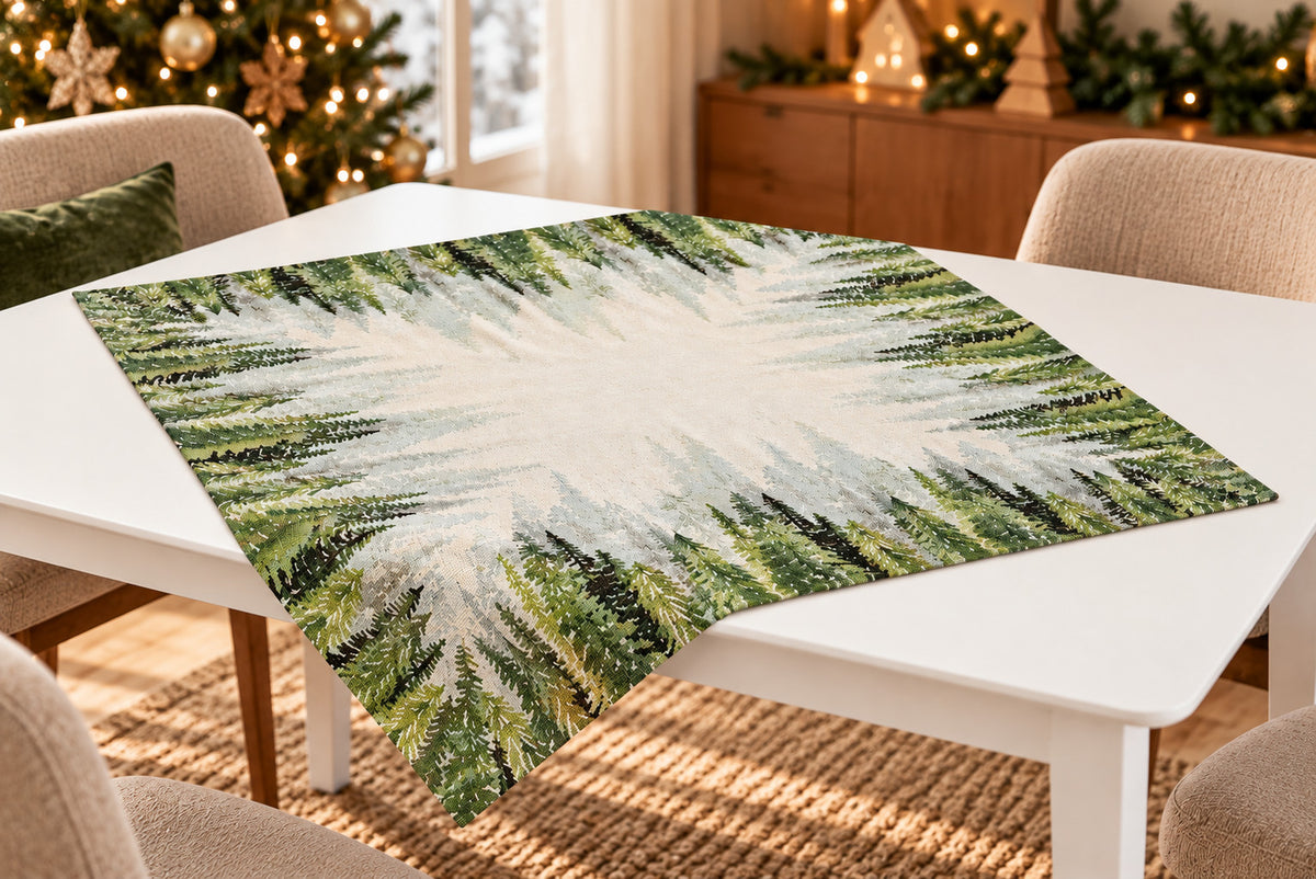 Karácsonyi asztalterítő – Golden forest fenyőfás minta, 96×100 cm, gobelin, arany lurex