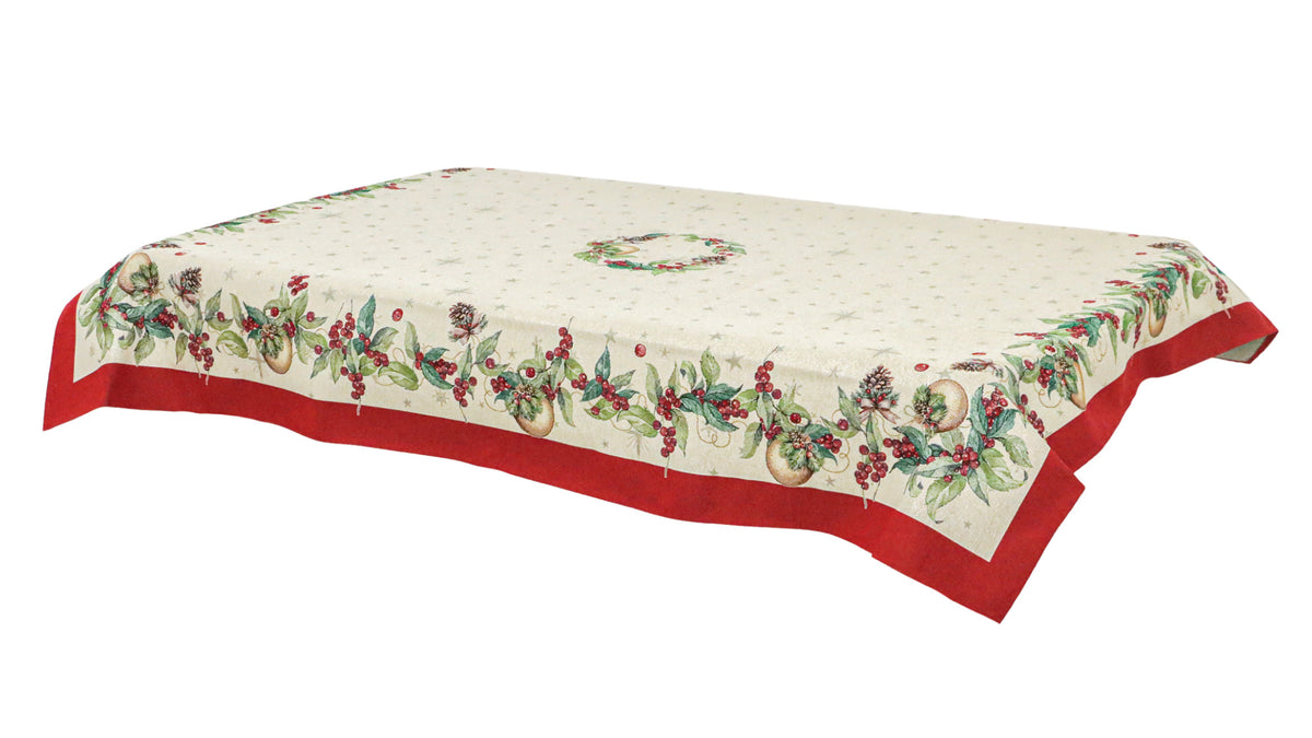 Karácsonyi asztalterítő – Berry ünnepi, bogyós minta, 137×240 cm, gobelin, ezüst lurex