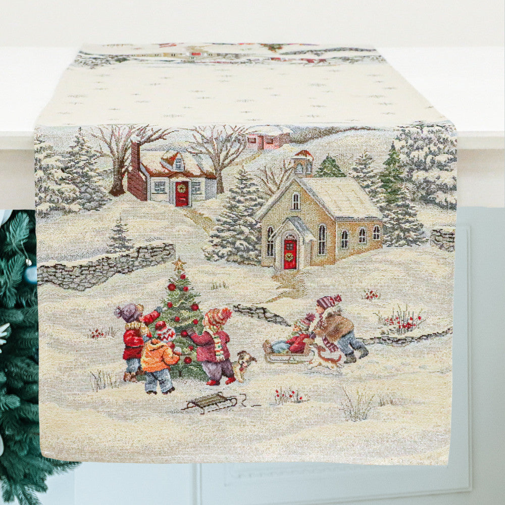 Karácsonyi asztali futó – Havas reggel, karácsonyi mintás asztali futó, 44×140 cm, gobelin, ezüst lurex