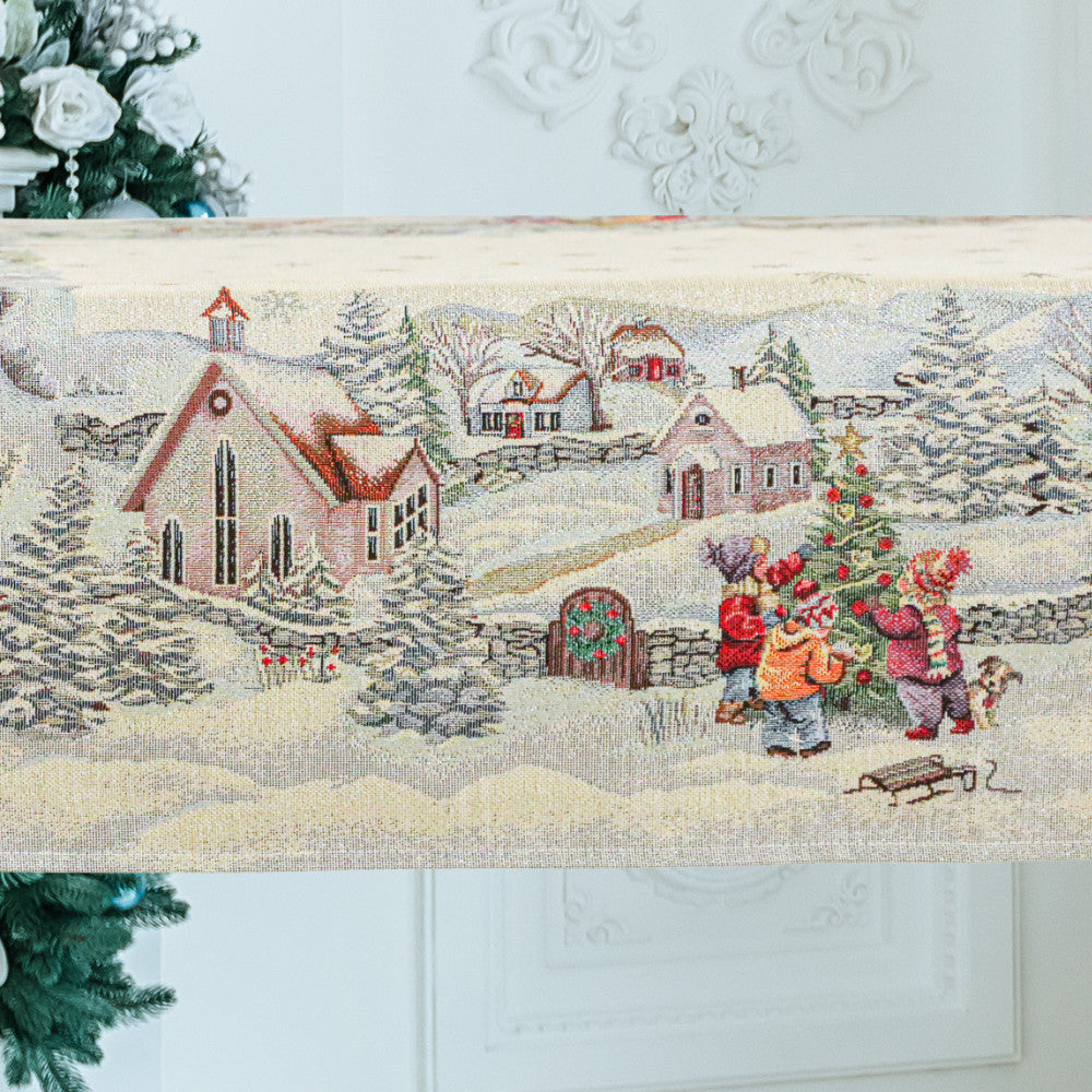 Karácsonyi asztalterítő – Havas reggel minta, 96×100 cm, gobelin, ezüst lurex