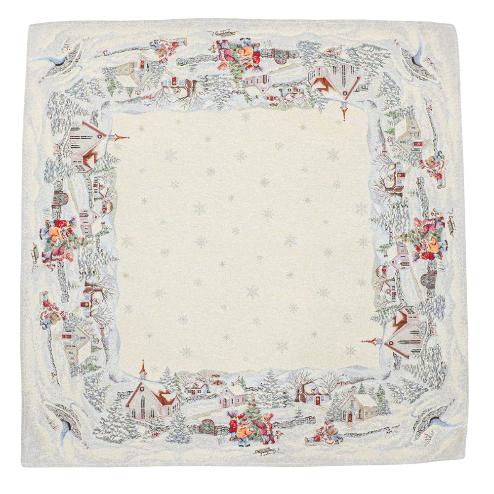 Karácsonyi asztalterítő – Havas reggel minta, 96×100 cm, gobelin, ezüst lurex
