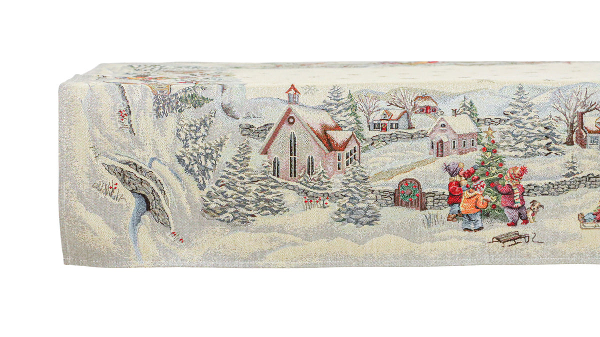 Karácsonyi asztalterítő – Havas reggel minta, 96×100 cm, gobelin, ezüst lurex