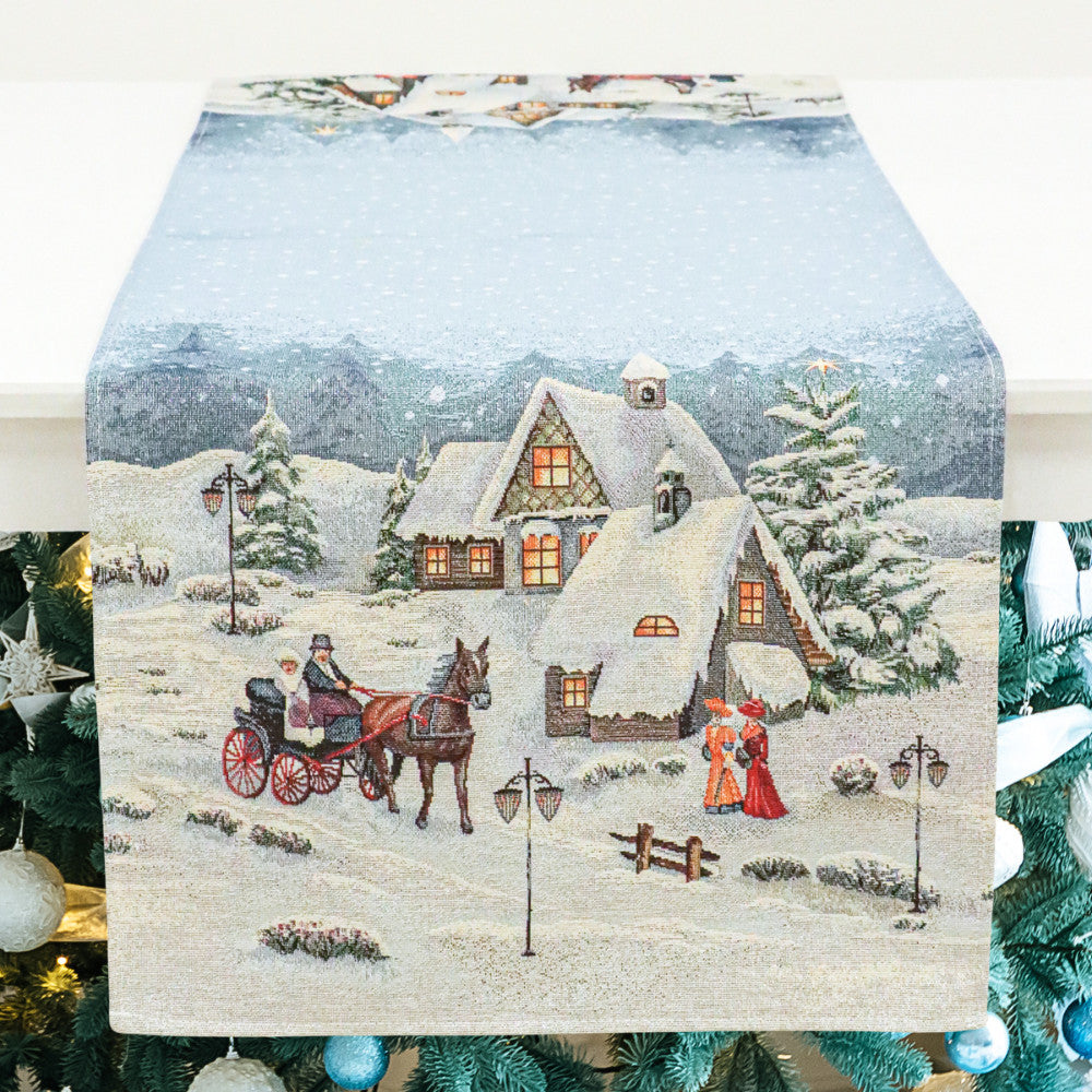 Karácsonyi asztali futó – Alpesi éjszaka mintás asztali futó, 44×140 cm, gobelin, ezüst lurex