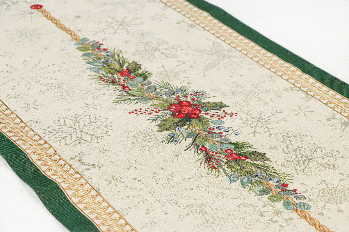 Karácsonyi asztali futó – Bells csengős, ünnepi mintás asztali futó, 44×140 cm, gobelin, arany lurex