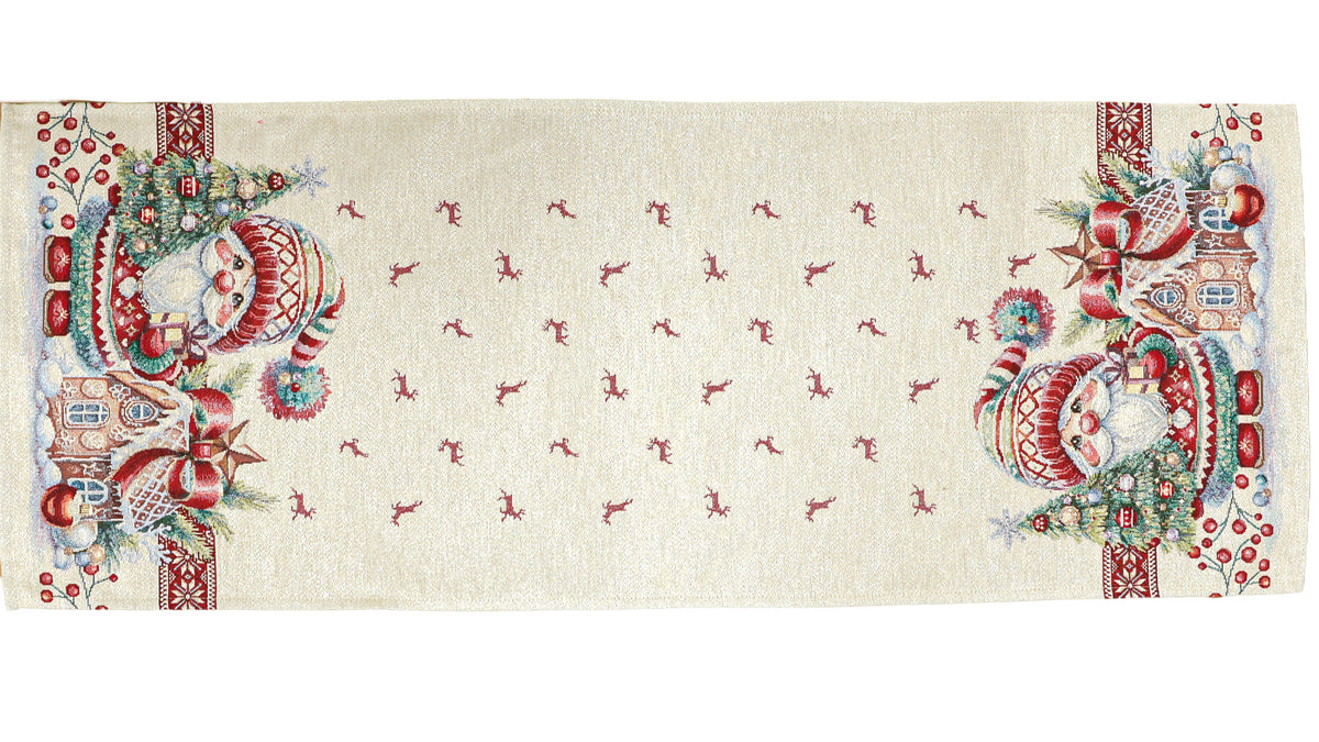 Karácsonyi asztali futó – Manós, mézeskalácsos mintás asztali futó, 44×140 cm, gobelin, ezüst lurex