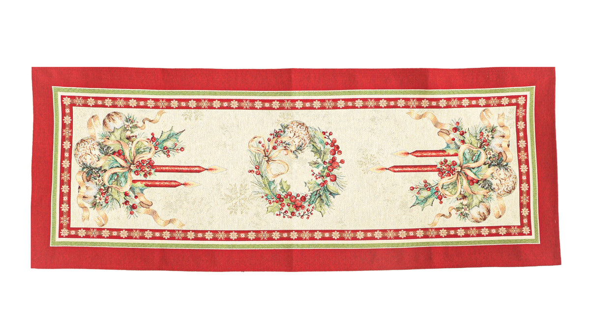 Karácsonyi asztali futó – Gyertyás, piros szélű mintás asztali futó, 44×140 cm, gobelin, arany lurex