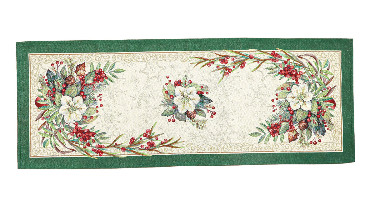 Karácsonyi asztali futó – Classic piros bogyós, zöld szélű mintás asztali futó, 44×140 cm, gobelin, ezüst lurex
