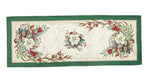 Karácsonyi asztali futó – Classic piros bogyós, zöld szélű mintás asztali futó, 44×140 cm, gobelin, ezüst lurex