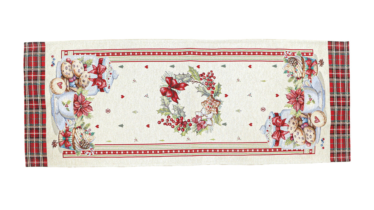 Karácsonyi asztali futó – Ünnepi sütis mintás asztali futó, 37×100 cm, gobelin, ezüst lurex
