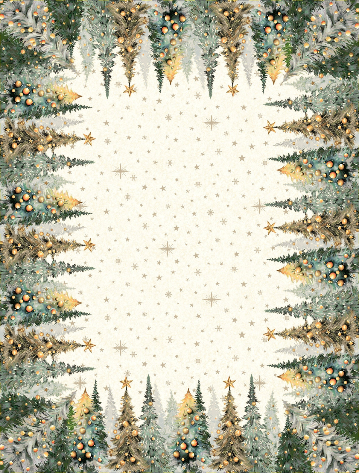 Karácsonyi asztalterítő – Csillogó erdő minta, 137×180 cm, gobelin, arany lurex