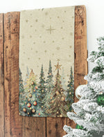 Karácsonyi asztali futó – Csillogó erdő mintás asztali futó, 44×140 cm, gobelin, arany lurex