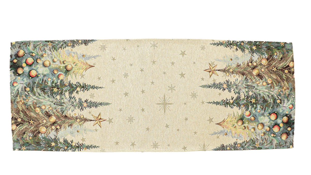 Karácsonyi asztali futó – Csillogó erdő mintás asztali futó, 44×140 cm, gobelin, arany lurex