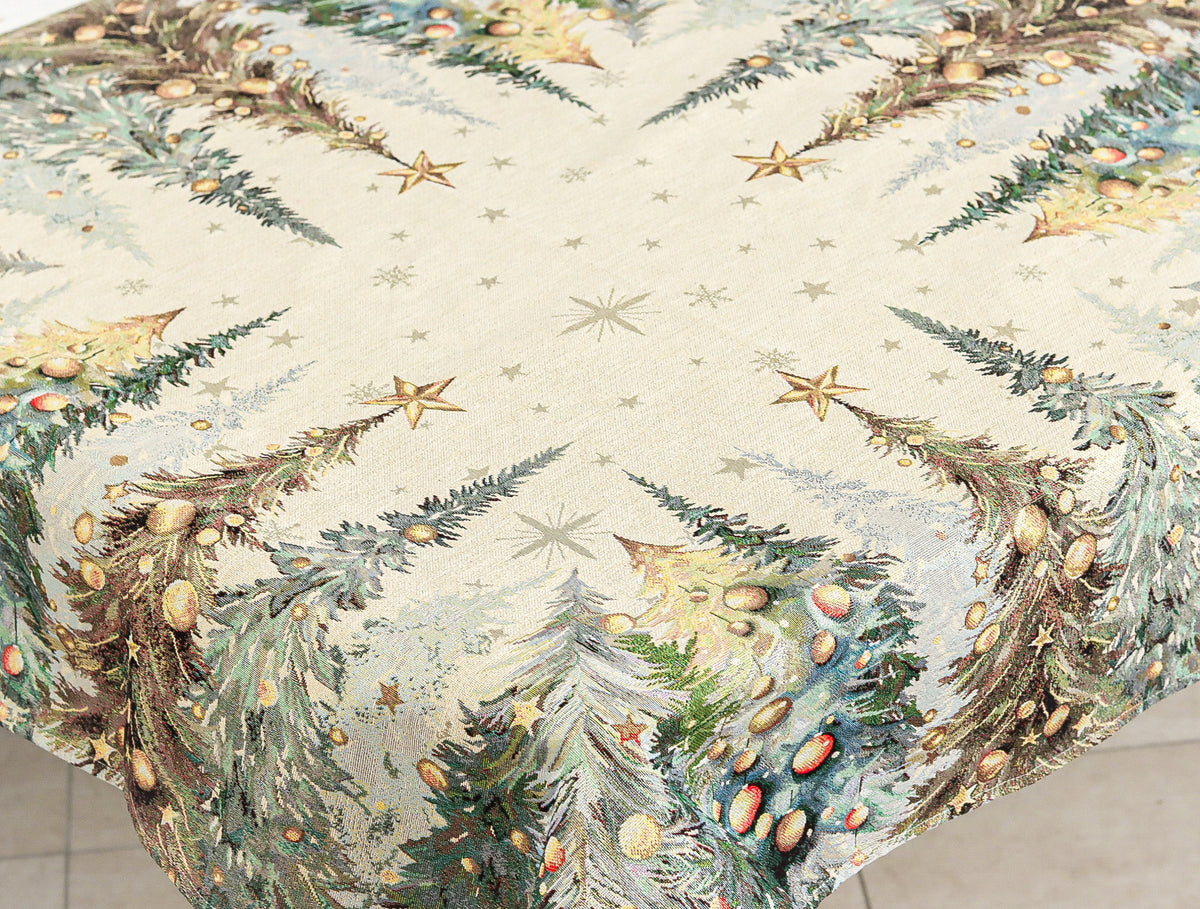 Karácsonyi asztalterítő – Csillogó erdő minta, 96×100 cm, gobelin, arany lurex