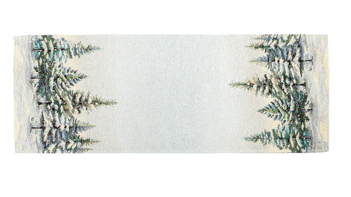 Karácsonyi asztali futó – Havas fenyőerdő mintás asztali futó, 37×100 cm, gobelin, ezüst lurex