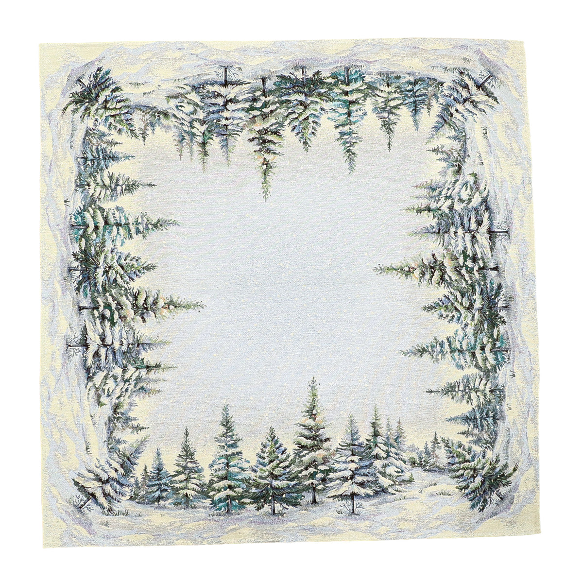 Karácsonyi asztalterítő – Havas fenyőerdő minta, 96×100 cm, gobelin, ezüst lurex