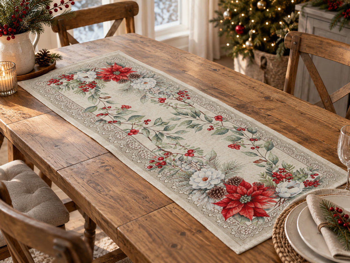 Karácsonyi asztali futó – Mikulásvirágos (csipkés) mintás asztali futó, 44×140 cm, gobelin, ezüst lurex