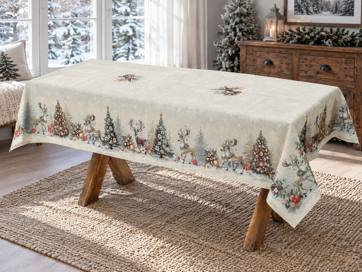 Karácsonyi asztalterítő – Golden deer arany szarvasos minta, 137×240 cm, gobelin, ezüst lurex