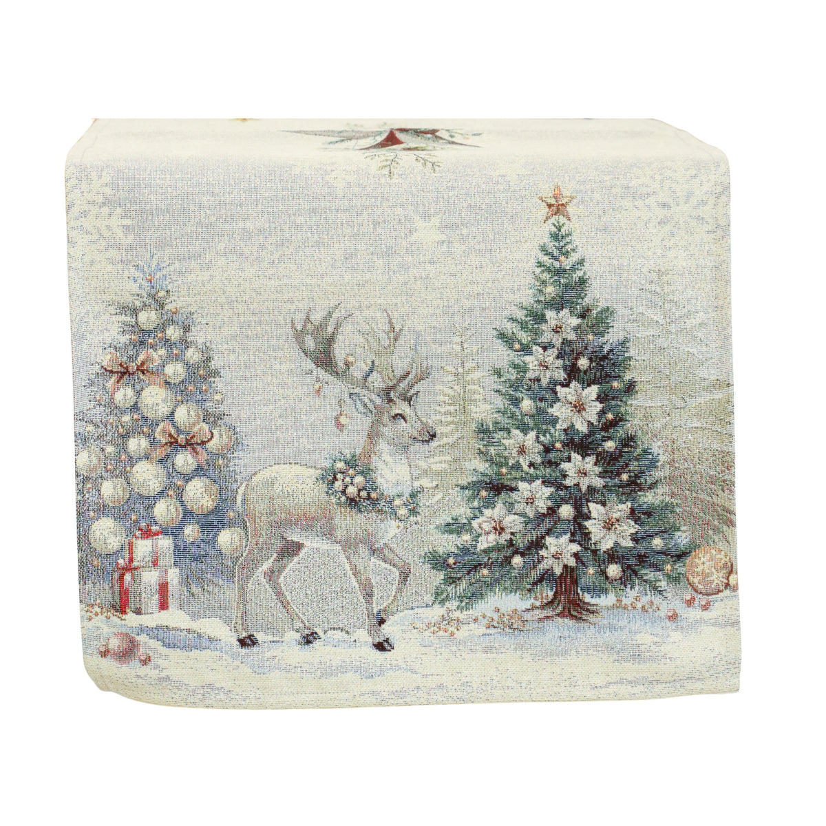 Karácsonyi asztali futó – Golden deer arany szarvasos mintás asztali futó, 44×140 cm, gobelin, ezüst lurex