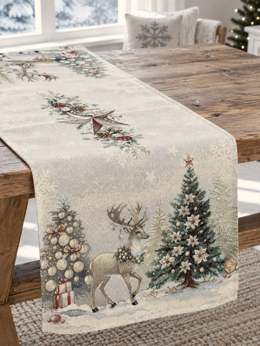 Karácsonyi asztali futó – Golden deer arany szarvasos mintás asztali futó, 37×100 cm, gobelin, ezüst lurex