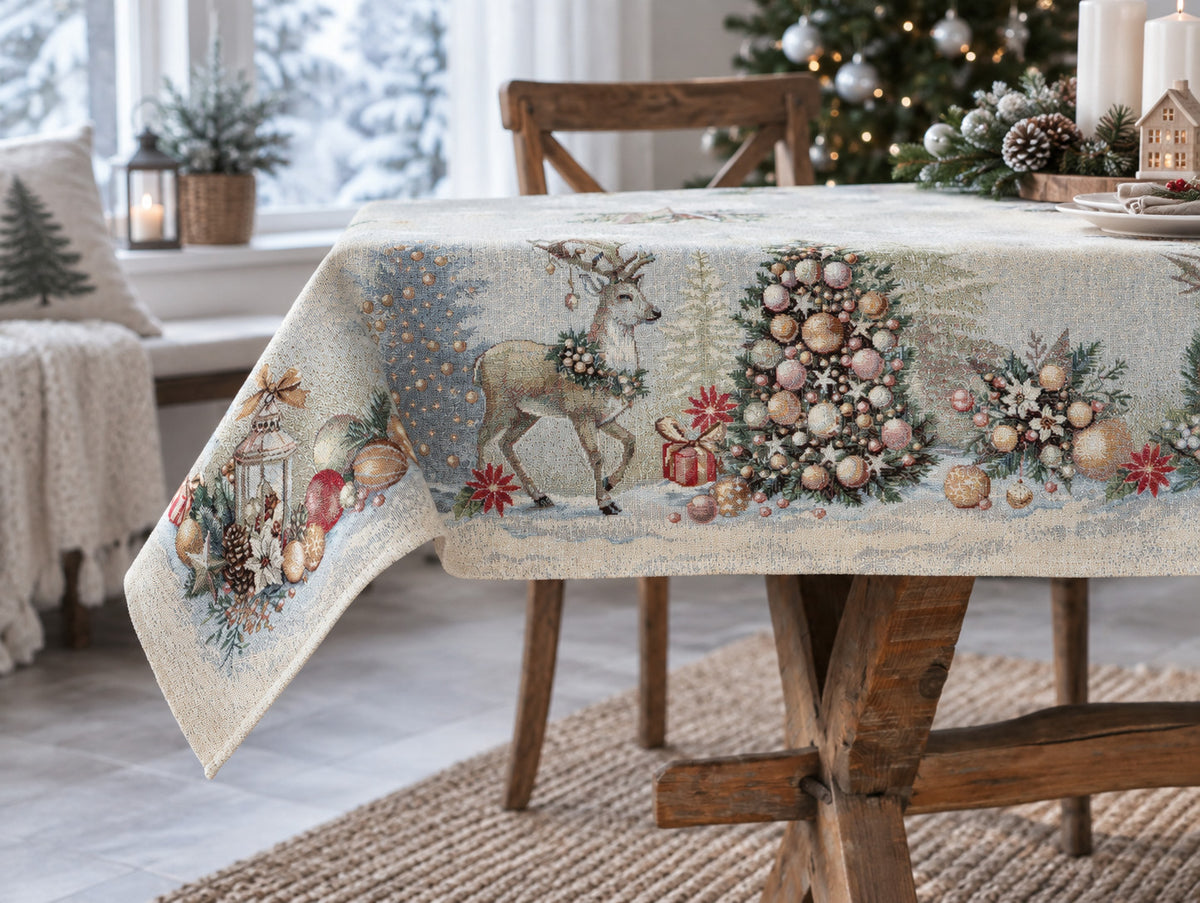 Karácsonyi asztalterítő – Golden deer arany szarvasos minta, 96×100 cm, gobelin, ezüst lurex