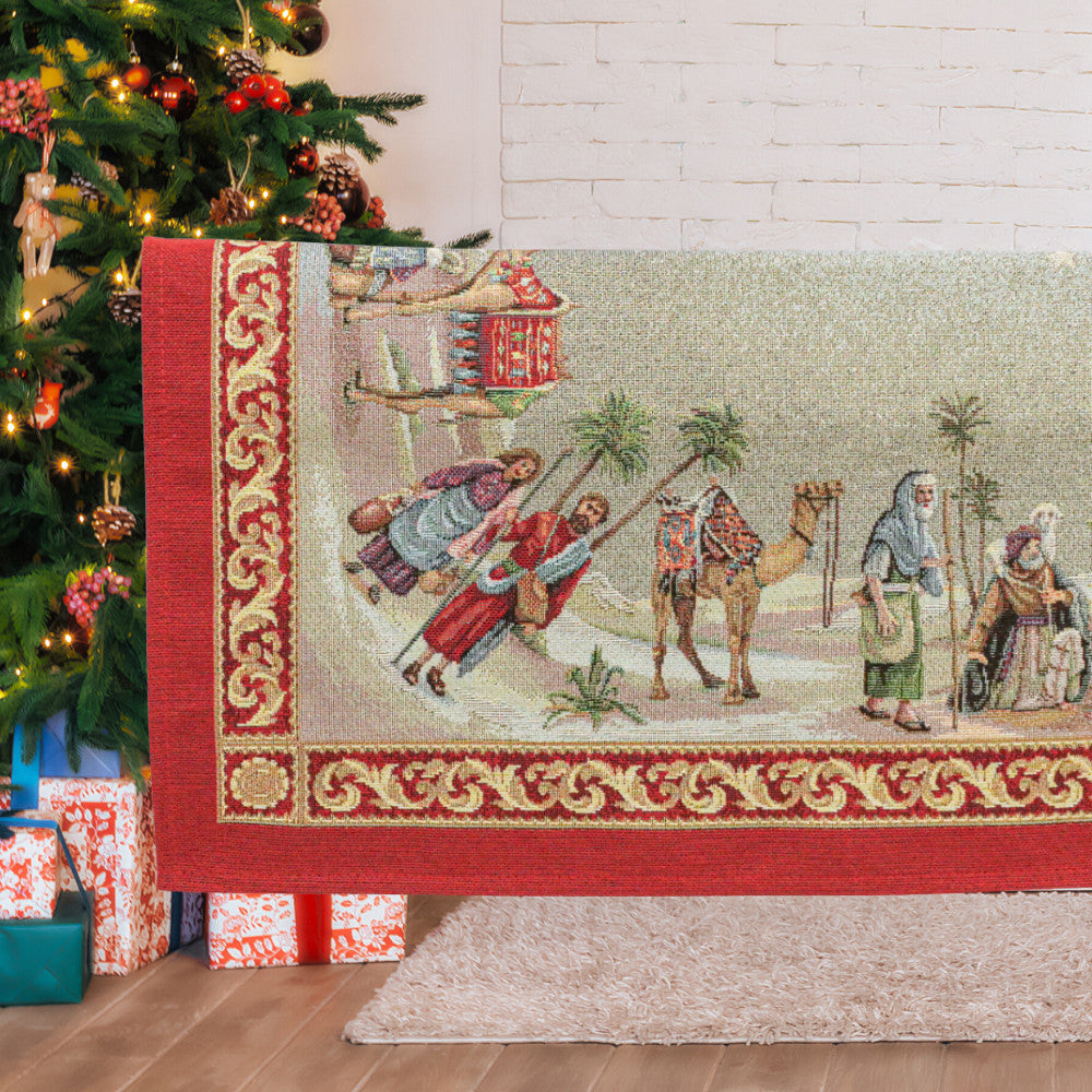 Karácsonyi asztalterítő – Betlehemi, piros szélű minta, 96×100 cm, gobelin, arany lurex