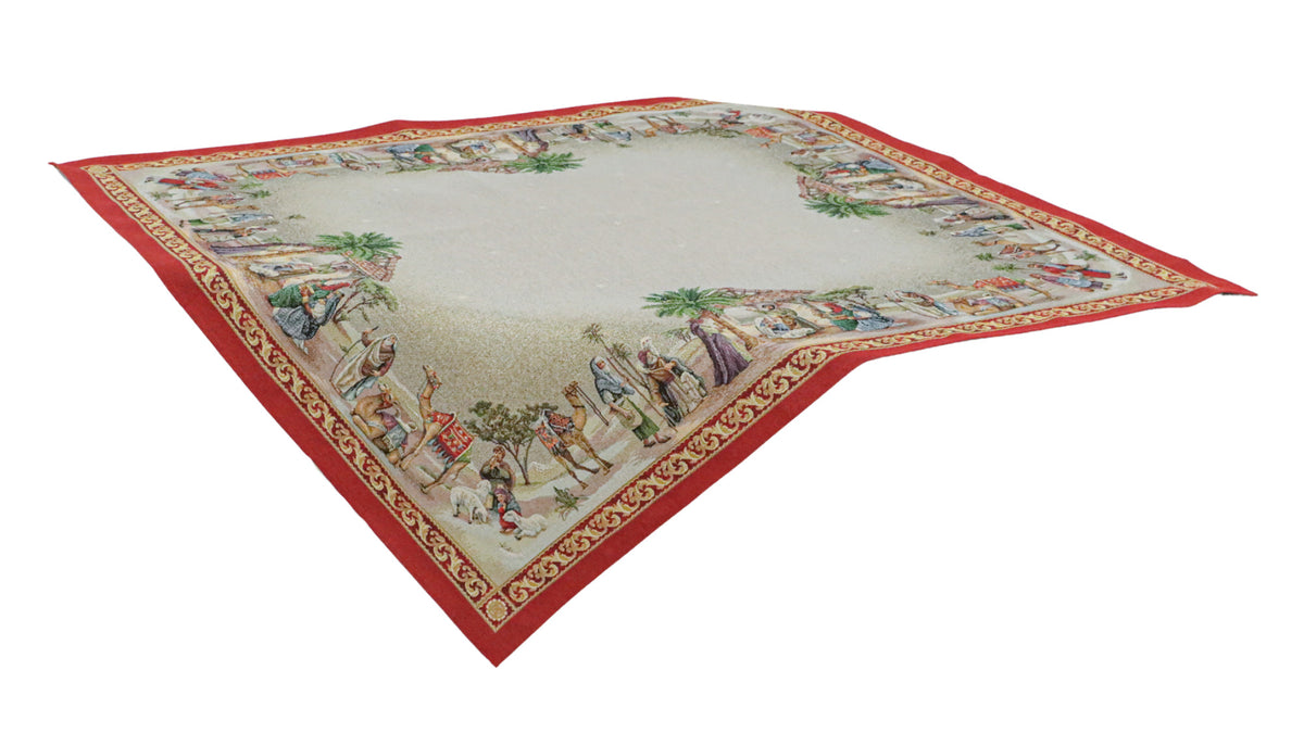 Karácsonyi asztalterítő – Betlehemi, piros szélű minta, 96×100 cm, gobelin, arany lurex