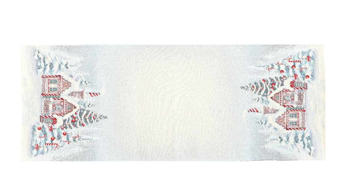 Karácsonyi asztali futó – Mézeskalácsos mintás asztali futó, 44×140 cm, gobelin, ezüst lurex