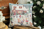Karácsonyi díszpárnahuzat Winter kids hógolyózós, 45×45 cm – gobelin, ezüst lurexszel