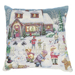 Karácsonyi díszpárnahuzat Winter kids hógolyózós, 45×45 cm – gobelin, ezüst lurexszel