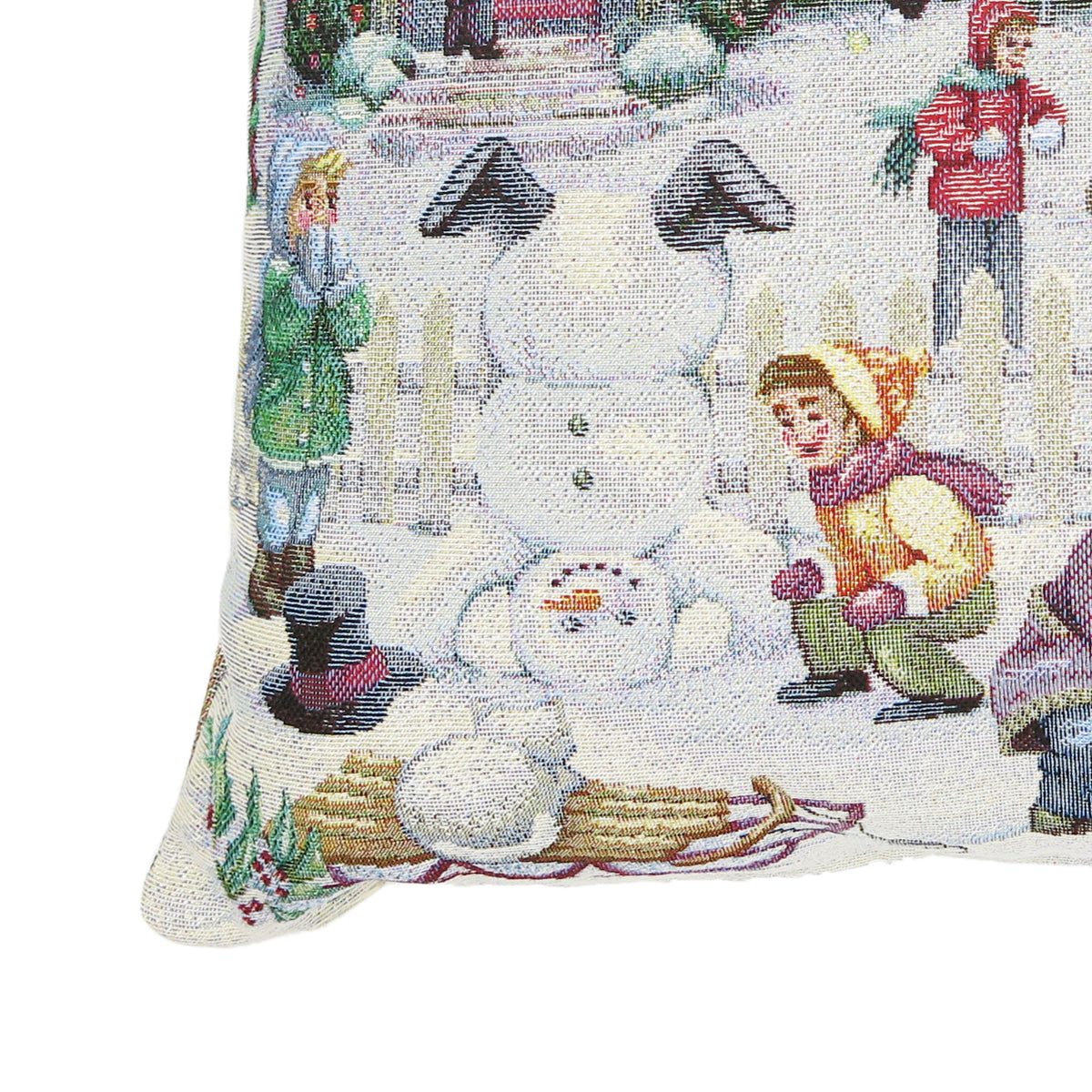 Karácsonyi díszpárnahuzat Winter kids hógolyózós, 45×45 cm – gobelin, ezüst lurexszel