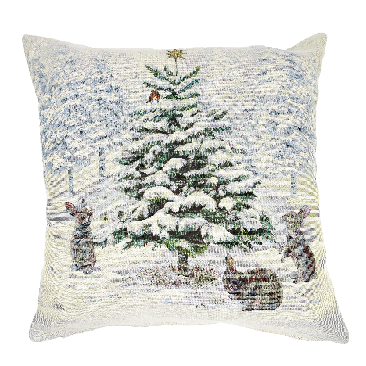 Karácsonyi díszpárnahuzat White forest nyuszik a hóban (zöld fenyős), 45×45 cm – gobelin, ezüst lurexszel
