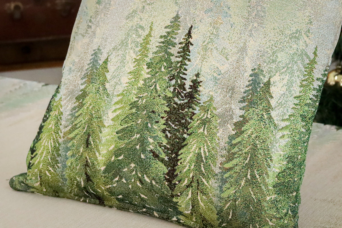 Karácsonyi díszpárnahuzat Golden forest fenyőfás, 45×45 cm – gobelin, arany lurexszel
