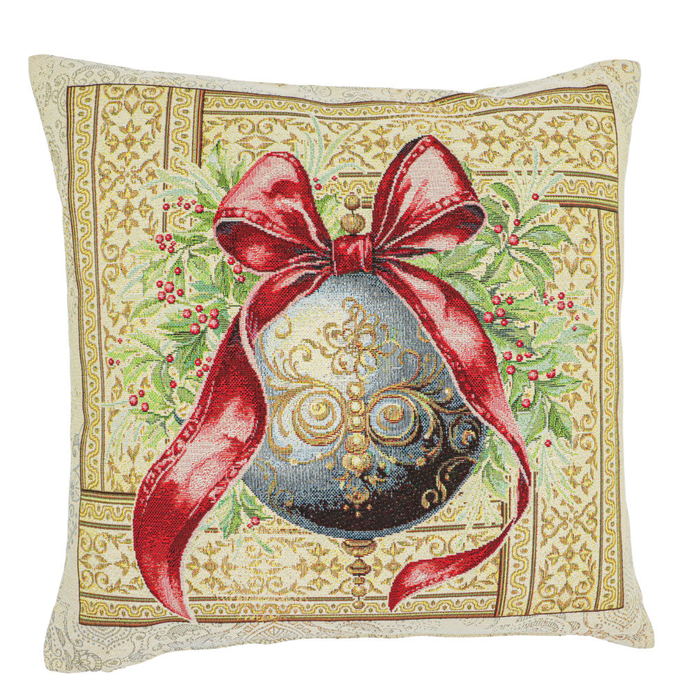 Karácsonyi díszpárnahuzat Amira gömbös, piros szalagos, 45×45 cm – gobelin, arany lurexszel
