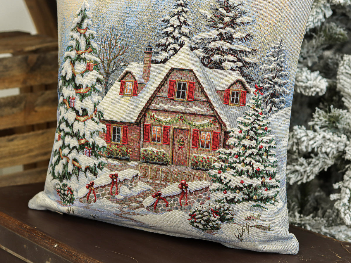 Karácsonyi díszpárnahuzat Alpesi barna házikós, 45×45 cm – gobelin, lurex nélkül