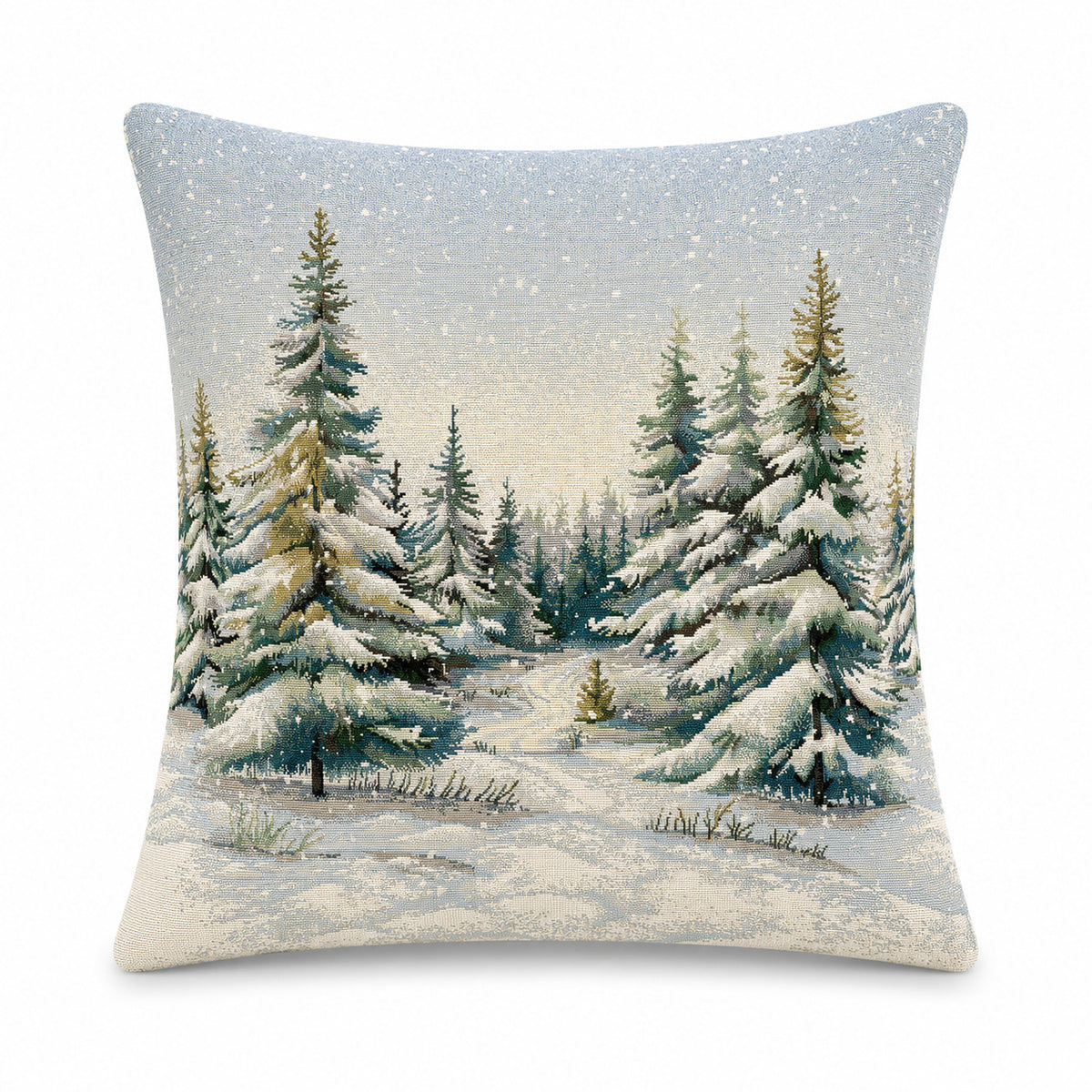 Karácsonyi díszpárnahuzat Havas fenyőerdő, 45×45 cm – gobelin, ezüst lurexszel